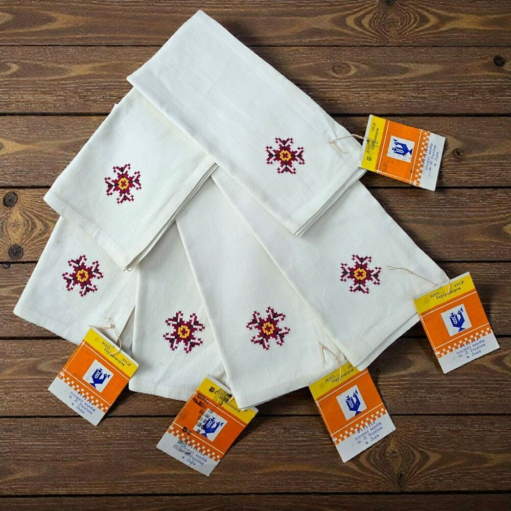 6 Vintage Ukrainian Linen Napkins Cross Stitch 1978 Floral Maroon Ukraine Tags